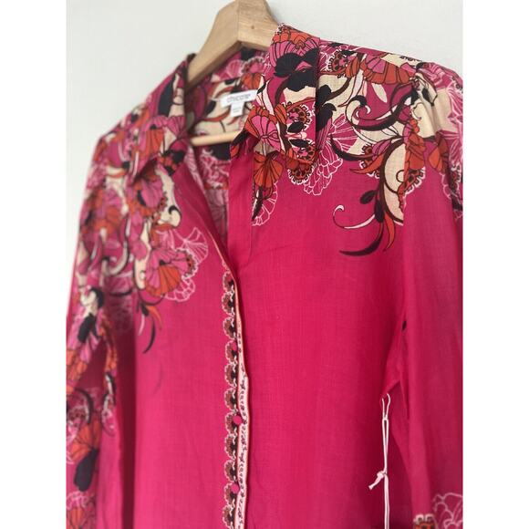 Chico's Pink Floral Blouse Sz M Long Sleeve Button Down Ruche Wrist Boho - Picture 7 of 13